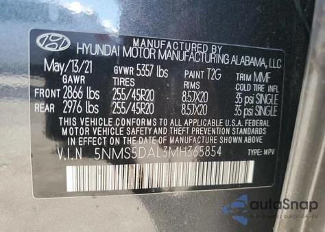 2021 Hyundai Santa Fe Calligraphy из США, поврежденный, VIN 5NMS5DAL3MH365854